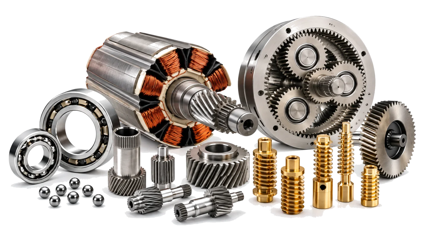 Selection of motor components including shafts, bearings, gears and rotating components